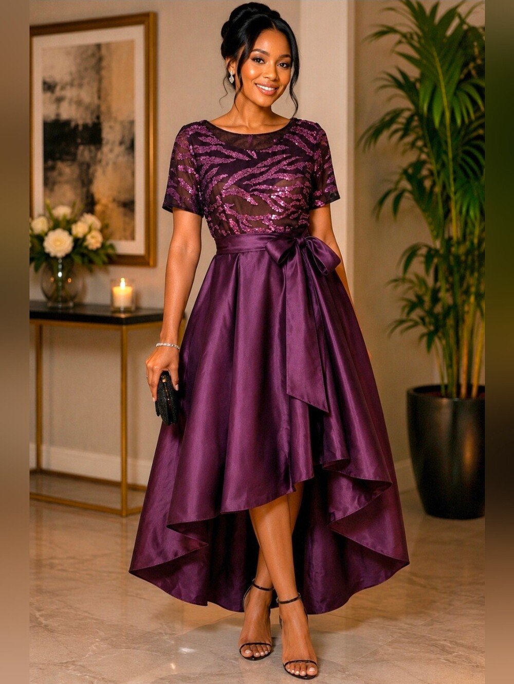 MARINA Deep Plum High-Low Sequin Bodice Satin Dress